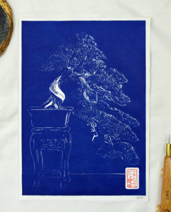 cascade végétale bonsaï estampe japonaise bleu