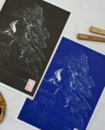 cascade végétale bonsaï estampe japonaise noire et bleue