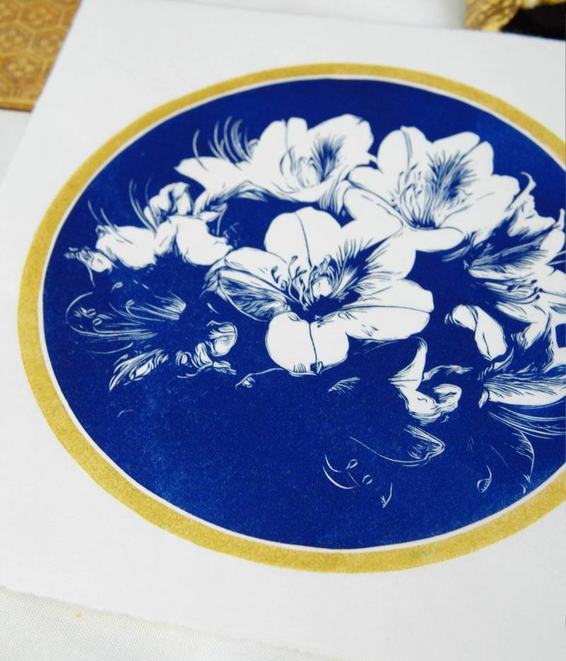 Azalée japonaise estampe japonaise bleue