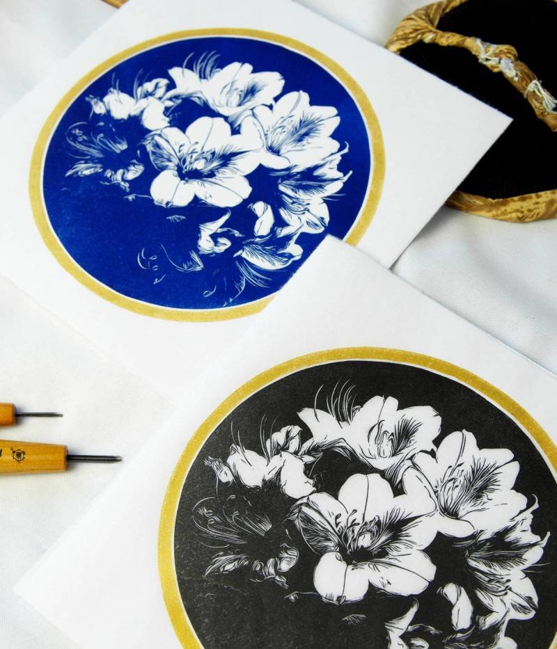 Azalée japonaise estampe japonaise bleu et noir