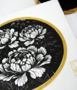 estampe japonaise pivoine fleur linogravure noir
