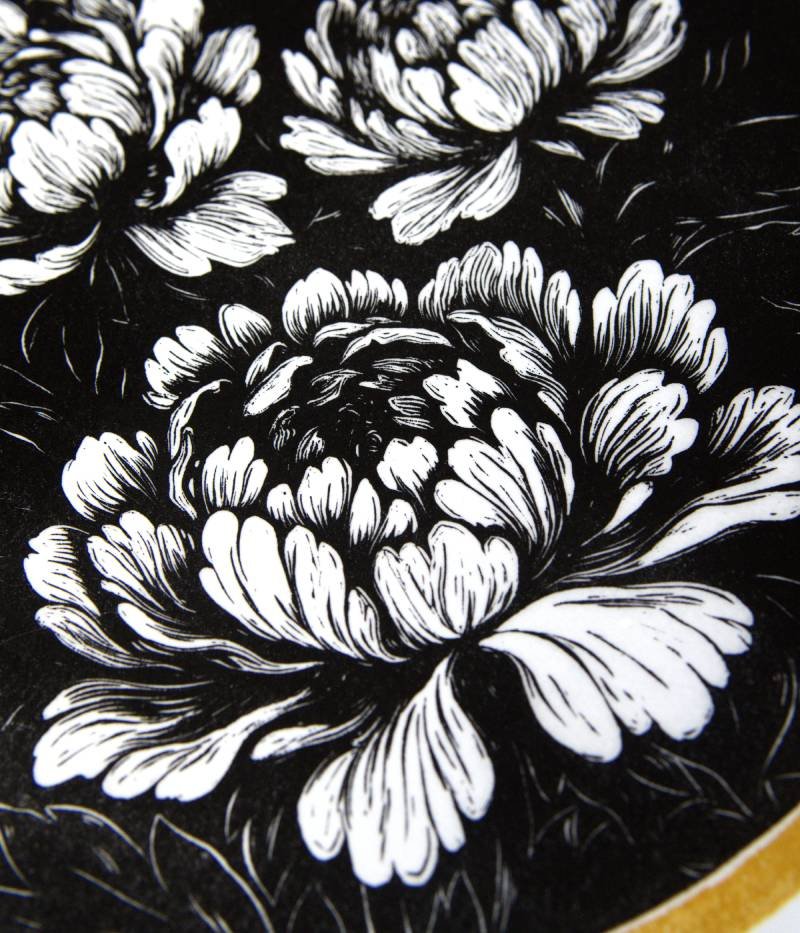 estampe japonaise pivoine fleur linogravure noir