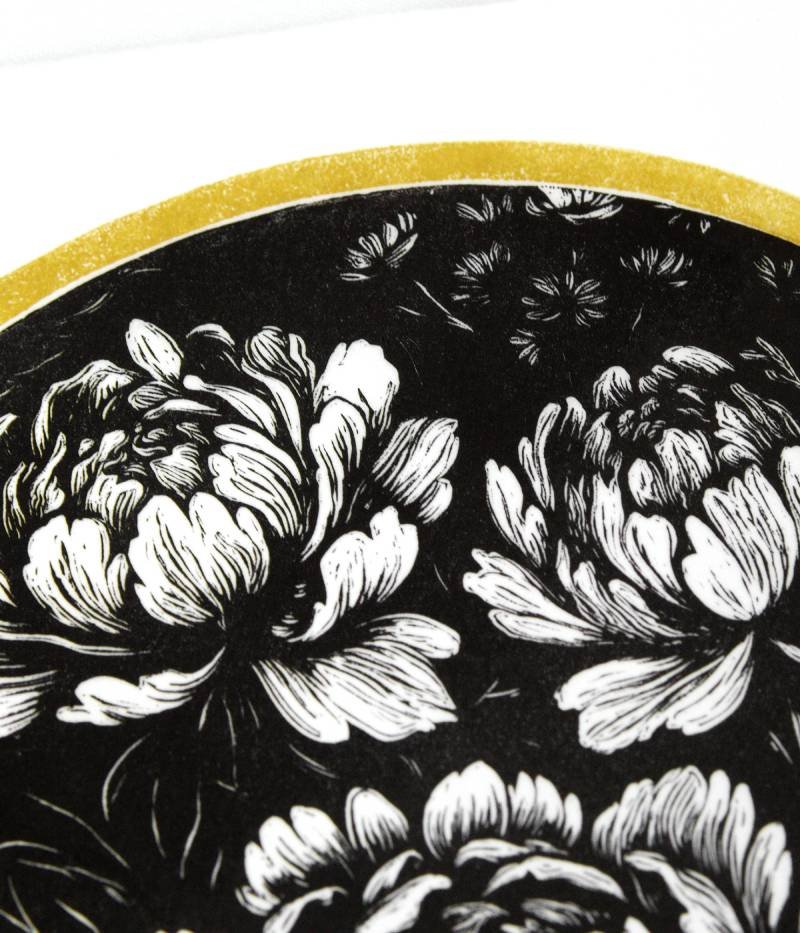 estampe japonaise pivoine fleur linogravure noir