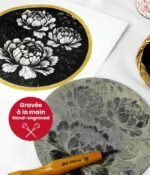 estampe japonaise pivoine fleur linogravure noir