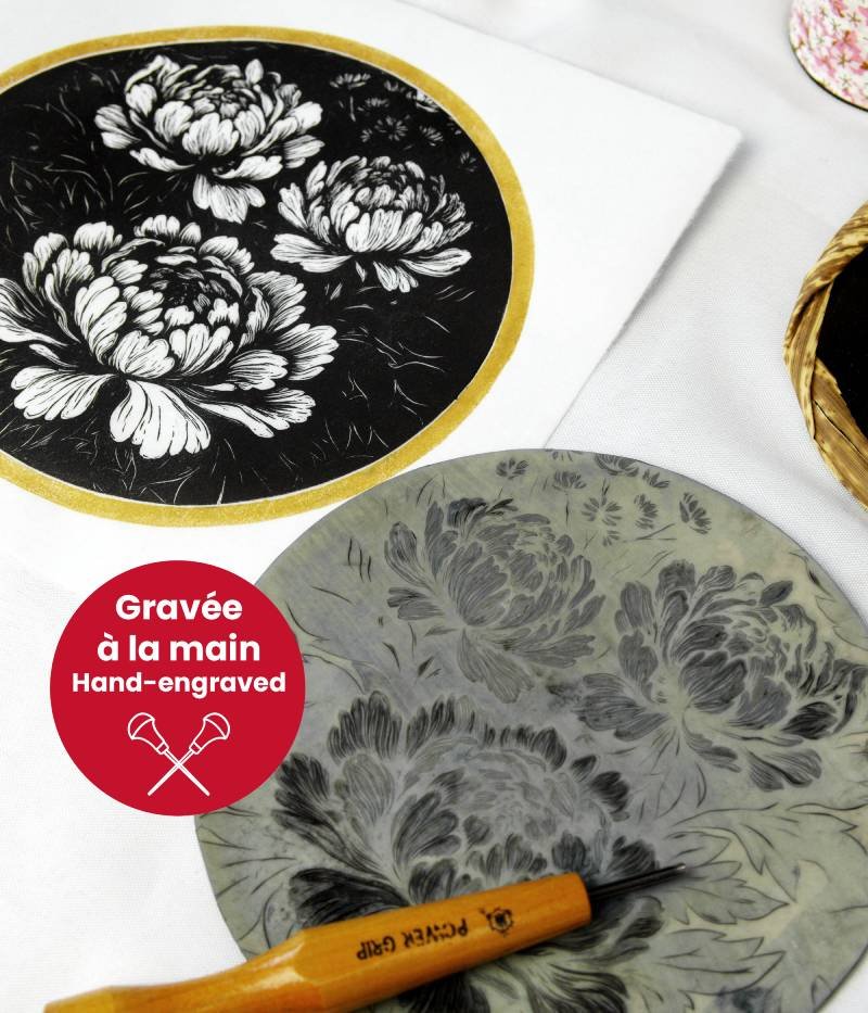 estampe japonaise pivoine fleur linogravure noir