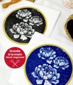 estampe japonaise pivoine fleur linogravure bleu