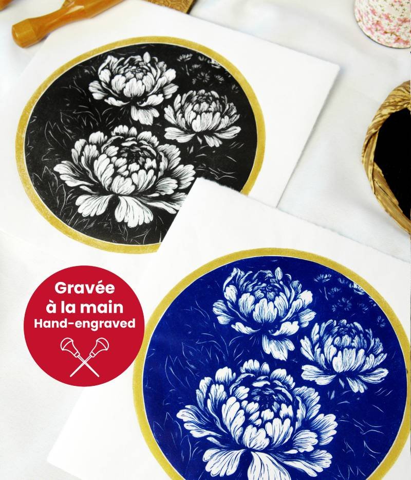 estampe japonaise pivoine fleur linogravure bleu
