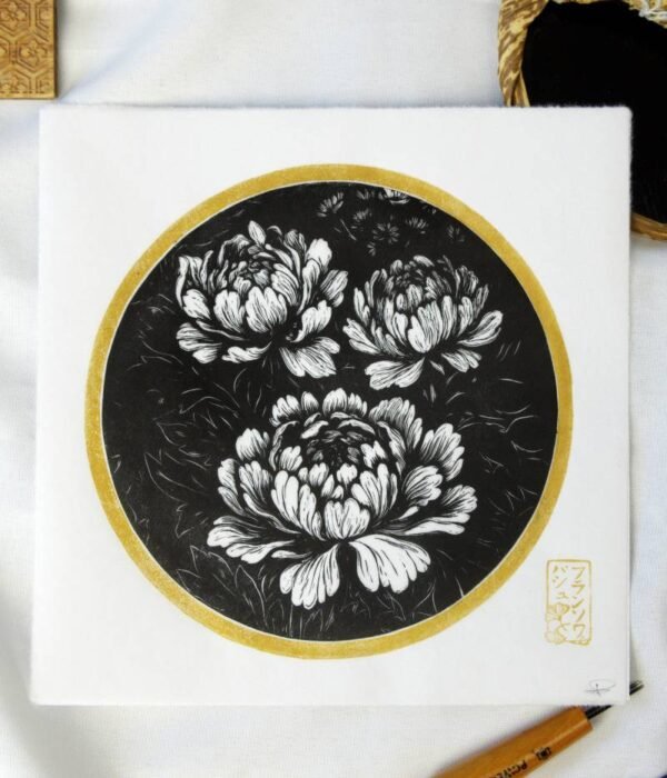 estampe japonaise pivoine fleur linogravure noir