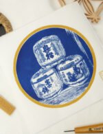 Linogravure baril de saké japonais estampe bleu