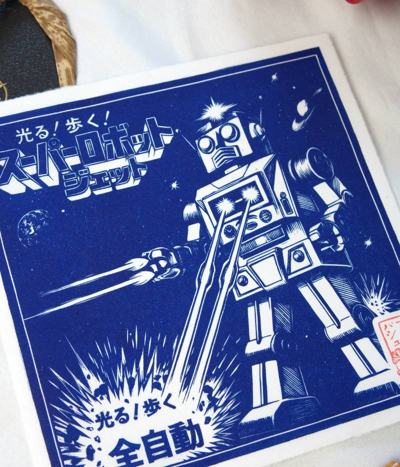 Estampe illustration robot vintage japonais bleu emballage rétro Art to Play