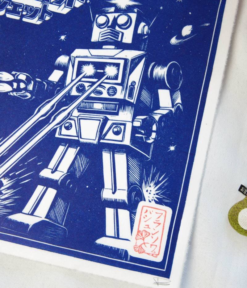 Estampe illustration robot vintage japonais bleu emballage rétro Art to Play