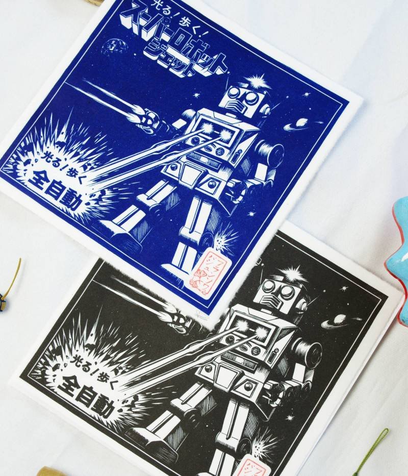 Estampe illustration robot vintage japonais bleu emballage rétro Art to Play
