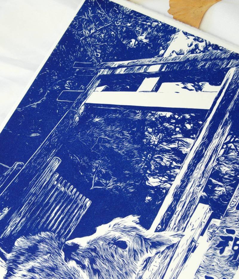 Estampe en linogravure d'un daim sacré de Nara imprimée sur papier washi