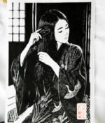Linogravure délicatesse noir femme kimono peigne japonais