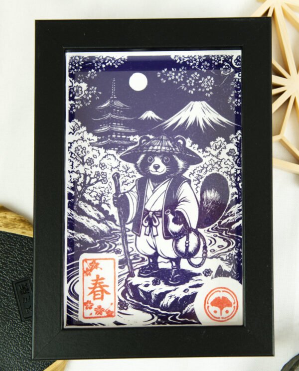 Linogravure Tanuki au printemps – Estampe japonaise artisanale faite main
