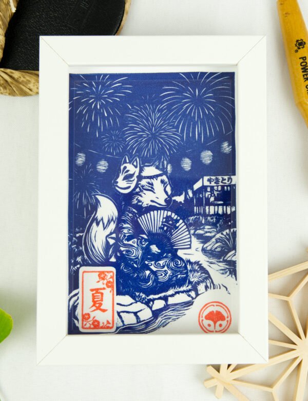 Linogravure Kitsune en été – Estampe japonaise artisanale faite main