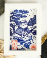 Linogravure Kappa mignon en hiver – Estampe japonaise artisanale faite main