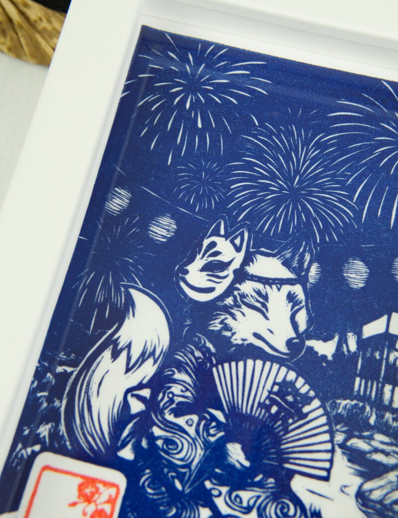 Linogravure Kitsune en été – Estampe japonaise artisanale faite main
