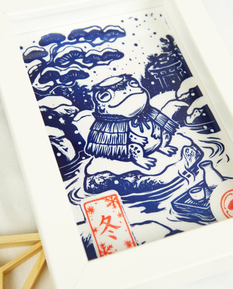 Linogravure Kappa mignon en hiver – Estampe japonaise artisanale faite main