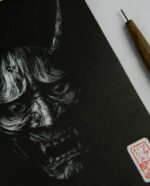 Linogravure Masque japonais Hannya – Estampe artisanale japonaise