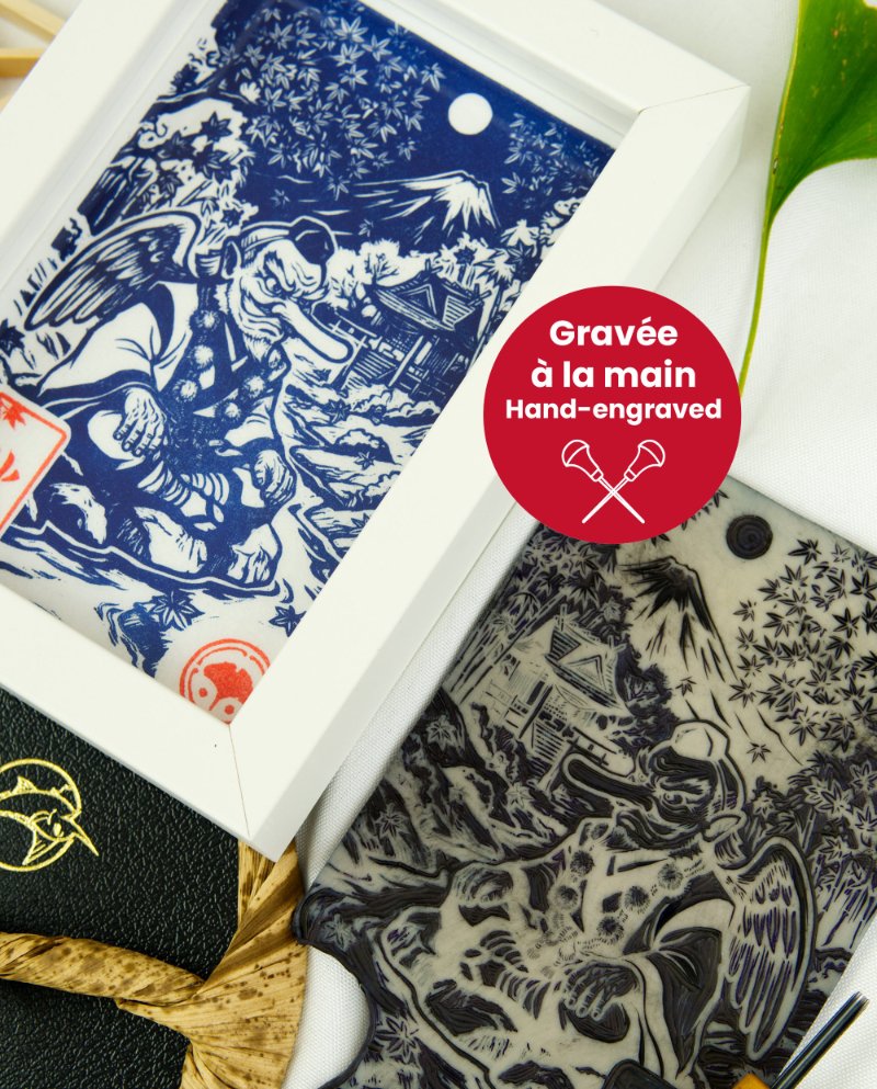 Linogravure tengu en automne – Estampe japonaise artisanale faite main
