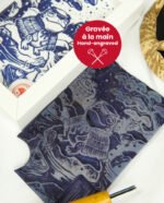 Linogravure Kappa mignon en hiver – Estampe japonaise artisanale faite main, plaque gravée