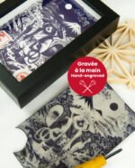Linogravure Tanuki au printemps – Estampe japonaise artisanale faite main