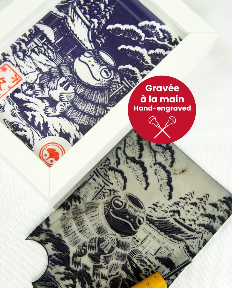 Linogravure Kappa en hiver – Estampe japonaise artisanale faite main