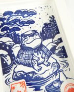 Linogravure Kappa mignon en hiver – Estampe japonaise artisanale faite main