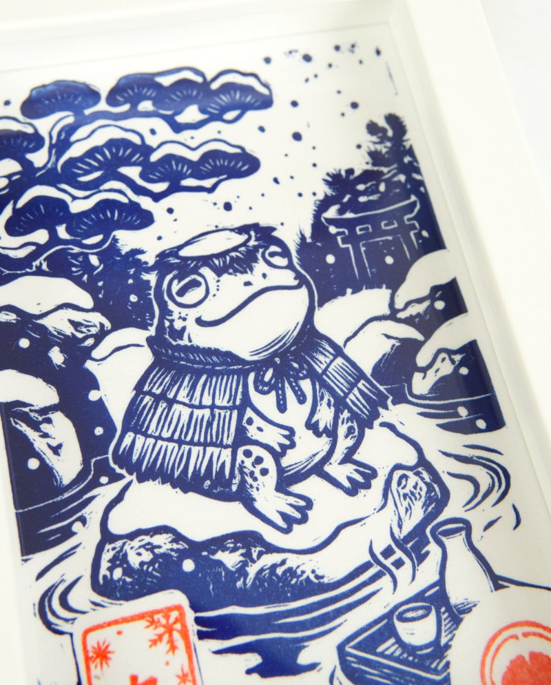 Linogravure Kappa mignon en hiver – Estampe japonaise artisanale faite main
