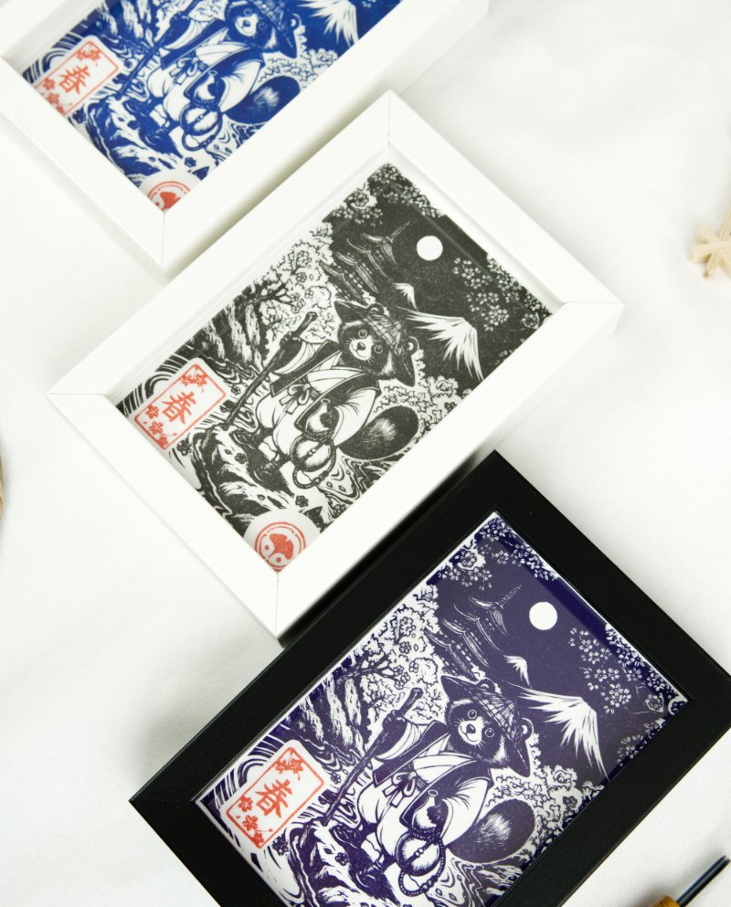 Linogravure Tanuki au printemps – Estampe japonaise artisanale faite main