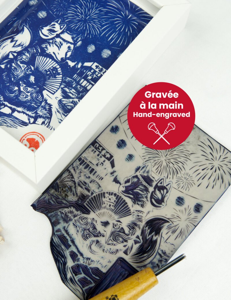 Linogravure Kitsune en été – Estampe japonaise artisanale faite main