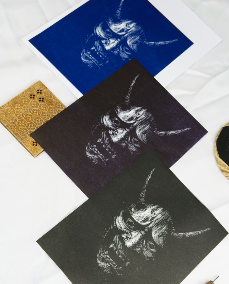 Linogravure Masque japonais Hannya – Estampe artisanale japonaise