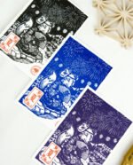 Estampes japonaises Yokai des saisons au format A6 : linogravures artisanales représentant un kappa, un tengu, un kitsune et un tanuki, imprimées à la main en noir, bleu et violet.